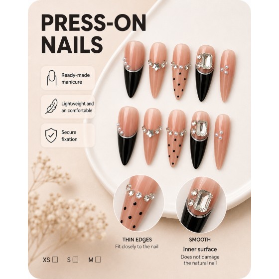 Nude Black French Tip Press‑On Nails, Long Almond Nails with Polka Dots, Rhinestones & Pearls, Luxury False Nails